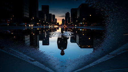 A silhouette of a person reflected in a puddle in a city at dusk with skyscrapers in the background, capturing a moment of solitude and contemplation in an urban setting.の素材