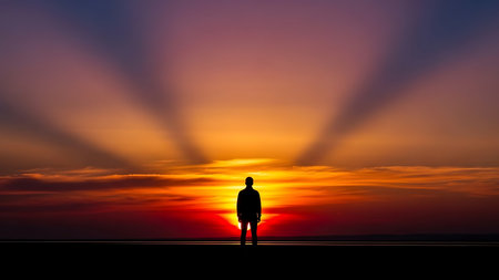A lone man stands in contemplative silence, bathed in the vibrant hues of a breathtaking sunset.の素材