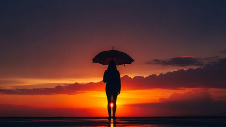 A lone figure walks along a beach at sunset, umbrella in hand, surrounded by a vibrant and dramatic skyの素材