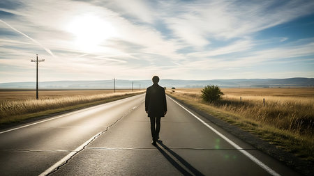 A lone man walks down a deserted road towards a bright future, evoking feelings of hope and freedomの素材