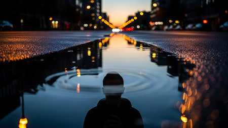 A person stands alone by a city street puddle reflecting the vibrant sunset lights, evoking a sense of solitude and contemplation in an urban setting.の素材