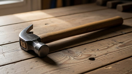 A hammer rests on a wooden workbench in a workshop, suggesting a project in progress.の素材