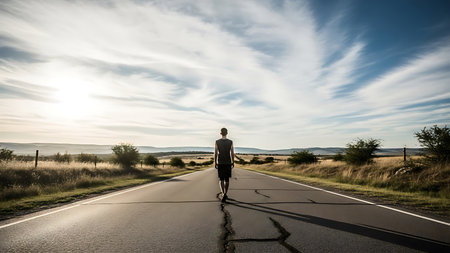 A person walks alone on a deserted road towards a beautiful sunny landscape with a blue sky and white clouds, evoking feelings of freedom and contemplationの素材