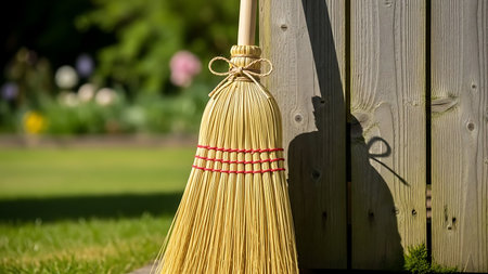 A broom leans on a wooden fence in a serene garden setting, evoking a sense of cleanliness and order.の素材
