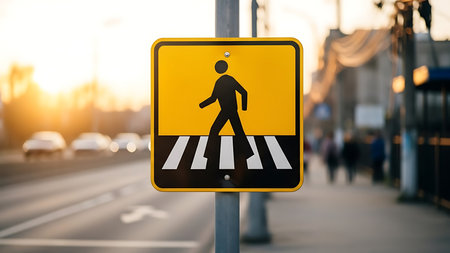 Pedestrian crossing sign on a busy urban street at sunset, conveying safety and caution for walkers and drivers alike in a bustling city environment.の素材