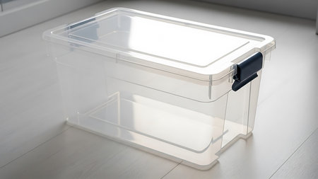 Clear plastic storage bin with black latch on white floor for organizationの素材
