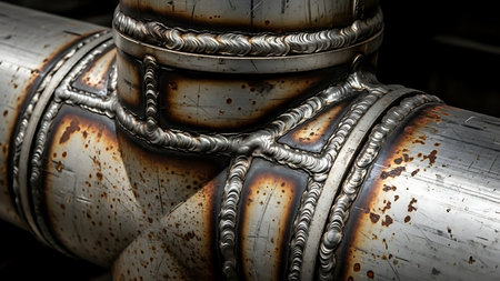Detailed view of welded metal pipes showing rusty textures and strong weldsの素材