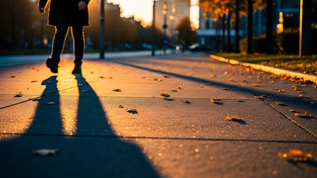 A lone figure walks down a city sidewalk at sunset, casting a long shadow behind them.の素材