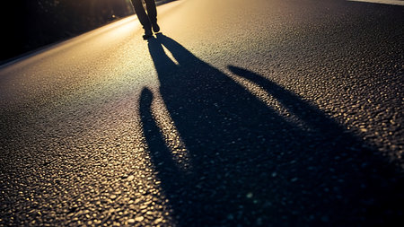 Two people walking together on a sunny road, casting long shadows, evoking a sense of adventure and freedom.の素材
