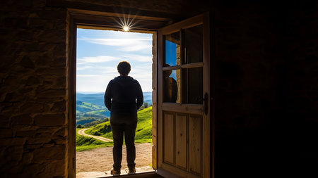 Serene person standing in doorway gazing out at stunning green landscapeの素材