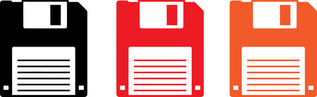 Vibrant floppy disk icons in black, red, and orange for tech and data concepts