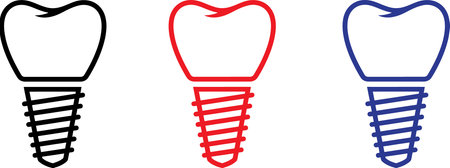 A set of three dental implant icons in black, red, and blue, on a clean white background. The icons...