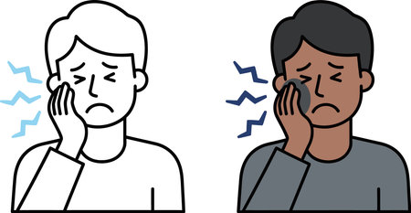 An illustration of two men experiencing toothache pain, one in black and white and the other in color, both with their hands on their cheeks and lightning bolt symbols indicating pain.のイラスト素材