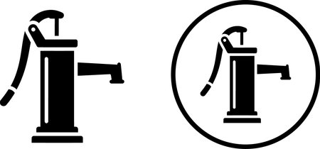 High-contrast black and white vector illustration of a hand pump icon, symbolizing clean water access, ideal for health, hygiene, and rural development projects.のイラスト素材