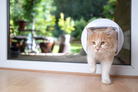 young cream tabby beige white maine coon cat coming back in from garden passing through cat flap in windowの写真素材