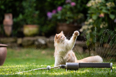 maine coon cat playing with lawn sprinkler water fountain outdoors in the garden raising its paw looking to the sideの写真素材