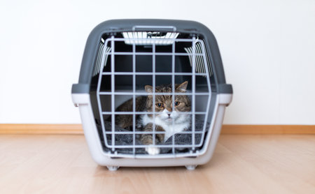 tabby british shorthair cat resting in closed pet carrier indoors in front of white wall looking outの写真素材
