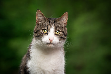 portrait of a beautiful tabby white cat outdoors in green nature looking at cameraの写真素材