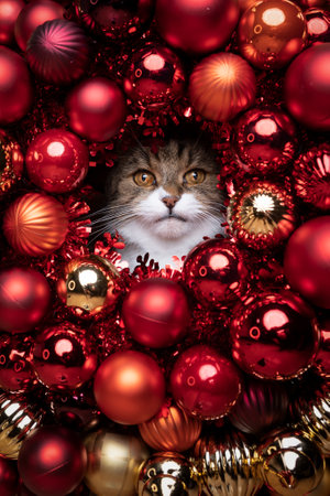 curious tabby white british shorthair cat looking through a hole amid red golden christmas baubles with copy spaceの写真素材