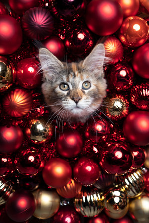 curious maine coon kitten sticking head through a hole of red and golden glossy christmas baubles with copy space looking at cameraの写真素材