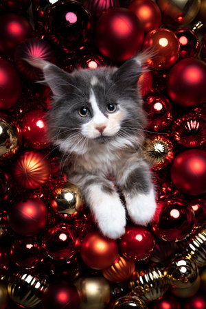 cute calico white maine coon kitten coming through hole amid glossy red christmas baubles decoration with copy space looking at cameraの写真素材