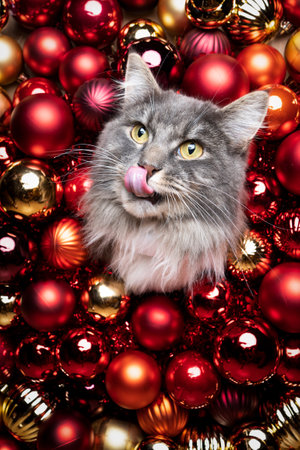cute hungry blue tabby white maine coon cat licking lips amid red and golden shiny christmas baubles decoration with copy spaceの写真素材