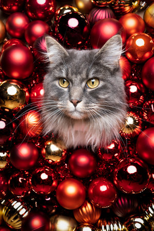 cute blue tabby white maine coon cat sticking head through red and golden christmas baubles with copy spaceの写真素材