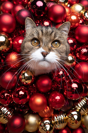 beautiful curious cat surrounded by red and golden christmas baubles looking at camera with copy spaceの写真素材