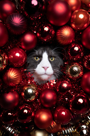 gray white maine coon cat looking through hole in red glossy christmas bauble decorations with copy spaceの写真素材