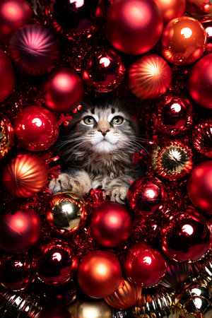 cute tabby maine coon kitten christmas portrait looking through a hole surrounded by red and golden baublesの写真素材