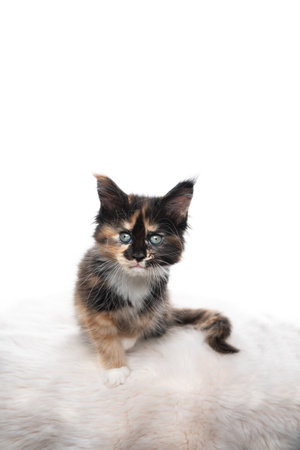 studio portrait of a cute calico maine coon kitten looking at camera isolated on white background with copy spaceの写真素材