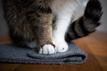 front paws of a tabby white british shorthair cat sitting on felt notebook sleeve on the tableの写真素材