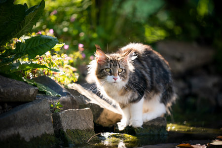 tabby white maine coon cat resting at the edge of a pond observiong the gardenの写真素材