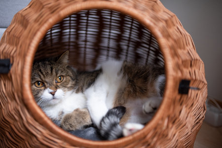 tabby white british shorthair cat resting in comfortable pet carrier basket relaxing looking outの写真素材