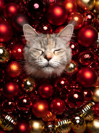 fluffy maine coon cat christmas portrait with closed eyes surrounded by shiny red and golden christmas decoration baubles with copy spaceの写真素材