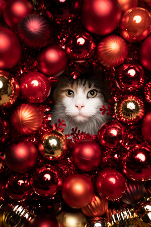 white tabby maine coon cat looking through hole amid shiny red and golden christmas baubles decoration with copy spaceの写真素材