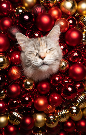 fluffy maine coon cat christmas portrait with closed eyes surrounded by shiny red and golden christmas decoration baubles with copy spaceの写真素材