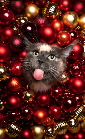 cute and funny maine coon cat christmas portrait with shiny red and golden baubles and copy spaceの写真素材