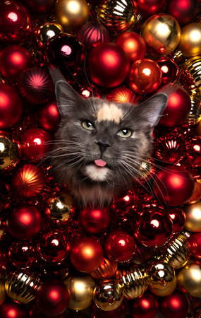 naughty maine coon cat sticking out tongue amid red and golden christmas baubles decoration with copy spaceの写真素材