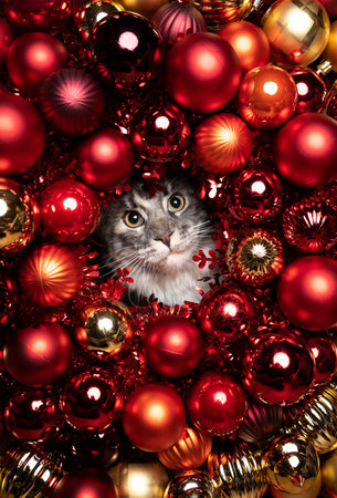 curious gray tabby cat looking through hole in red and golden christmas bauble decoration with copy spaceの写真素材