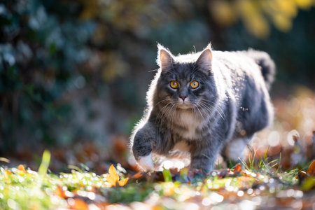 blue tabby maine coon cat outdoors on the prowl walking on autumn leaves in the sunlightの写真素材
