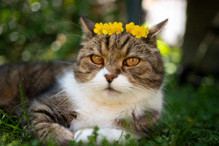 tabby white british shorthair cat wearing a crown made of yellow flowers on its headの写真素材