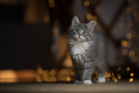 tabby blue maine coon kitten standing on sisal carpet with light string bokeh in the backgroundの写真素材