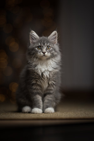 tabby blue maine coon kitten sitting on sisal carpet looking at cameraの写真素材
