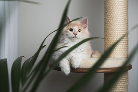 cream tabby maine coon kitten relaxing on scratching post platform behind houseplant looking curiouslyの写真素材