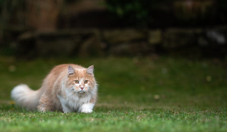 playful young cream tabby white ginger maine coon cat hunting in the garden at night sneaking over the lawnの写真素材