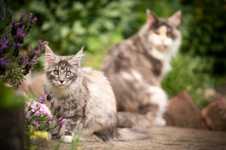 two maine coon cats outdoors in garden with flowering plantsの写真素材