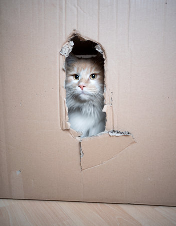 cream tabby white maine coon cat in cardboard box looking out through a holeの写真素材