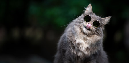 blue tabby white maine coon cat wearing cool shades licking lips and tilting headの写真素材