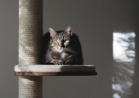 tabby domestic shorthair cat sitting on scratching post platform illuminated by sunlightの写真素材